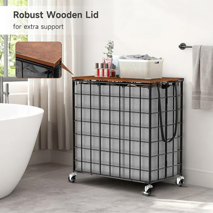 90L Laundry Basket with Wheels, Large Capacity Laundry Hamper with Removable Liner Bags, Heavy Duty Laundry Sorter with Solid Wood Lid & Leather Handles, Grey