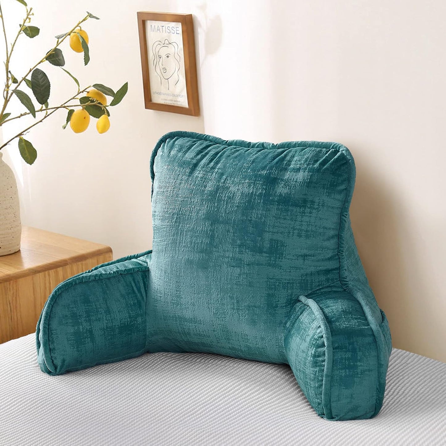 DIY Assembly Art Velvet Backrest Reading Bed Rest Pillow with Arms & Pockets, 18" H for Sitting in Bed Couch Sofa, Back Support Cushion with Removable Cover, 20"x18"x17", Aqua