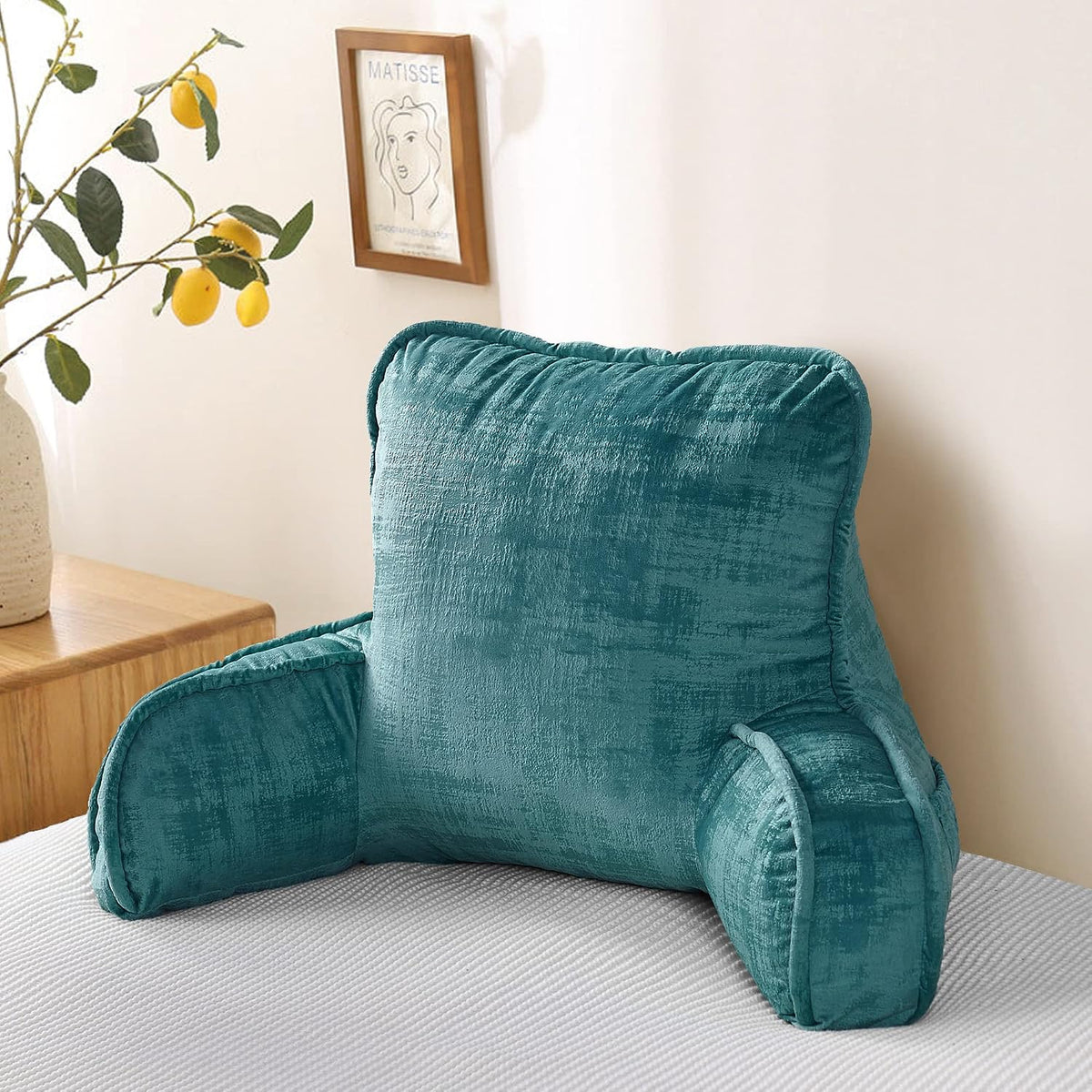 DIY Assembly Art Velvet Backrest Reading Bed Rest Pillow with Arms & Pockets, 18" H for Sitting in Bed Couch Sofa, Back Support Cushion with Removable Cover, 20"x18"x17", Aqua