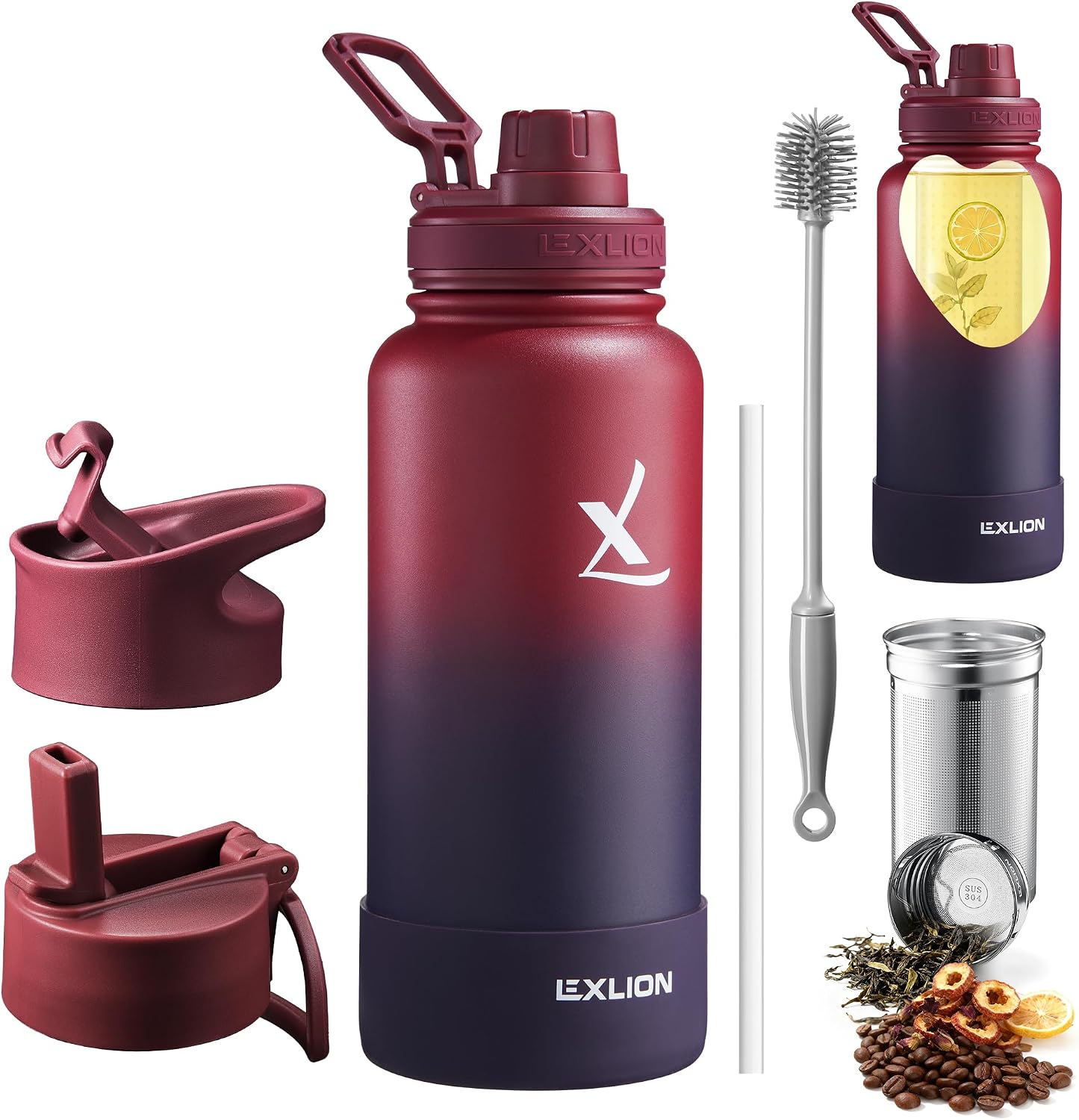 Lexlion Tea Infuser Water Bottle 22 Oz – Triple Wall Insulated Stainless Steel, Loose Leaf & Fruit Strainer, 3 Leakproof Lids, BPA-Free Silicone Sleeve, Reusable Thermal Mug