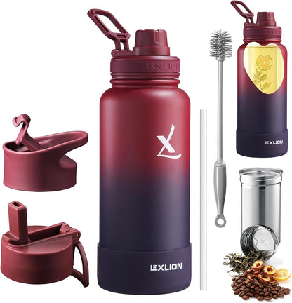Lexlion Tea Infuser Water Bottle 22 Oz – Triple Wall Insulated Stainless Steel, Loose Leaf & Fruit Strainer, 3 Leakproof Lids, BPA-Free Silicone Sleeve, Reusable Thermal Mug