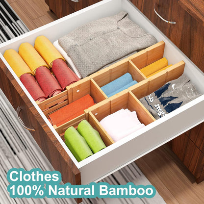4.4" High Drawer Dividers with Inserts, Bamboo Drawer Dividers for Clothes, Expandable from 12-17.5", Adjustable drawer organizer for Bedroom, Kitchen & Office, 4 Dividers with 8 Insert.