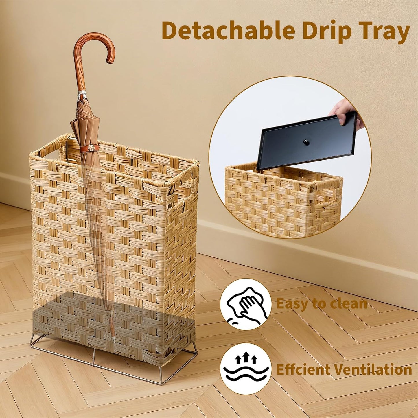 Rattan Umbrella Holder Basket Stand for Entryway | Handwoven, Indoor Umbrella Storage with Waterproof Base, Durable Metal Hooks & Removable Drip Tray
