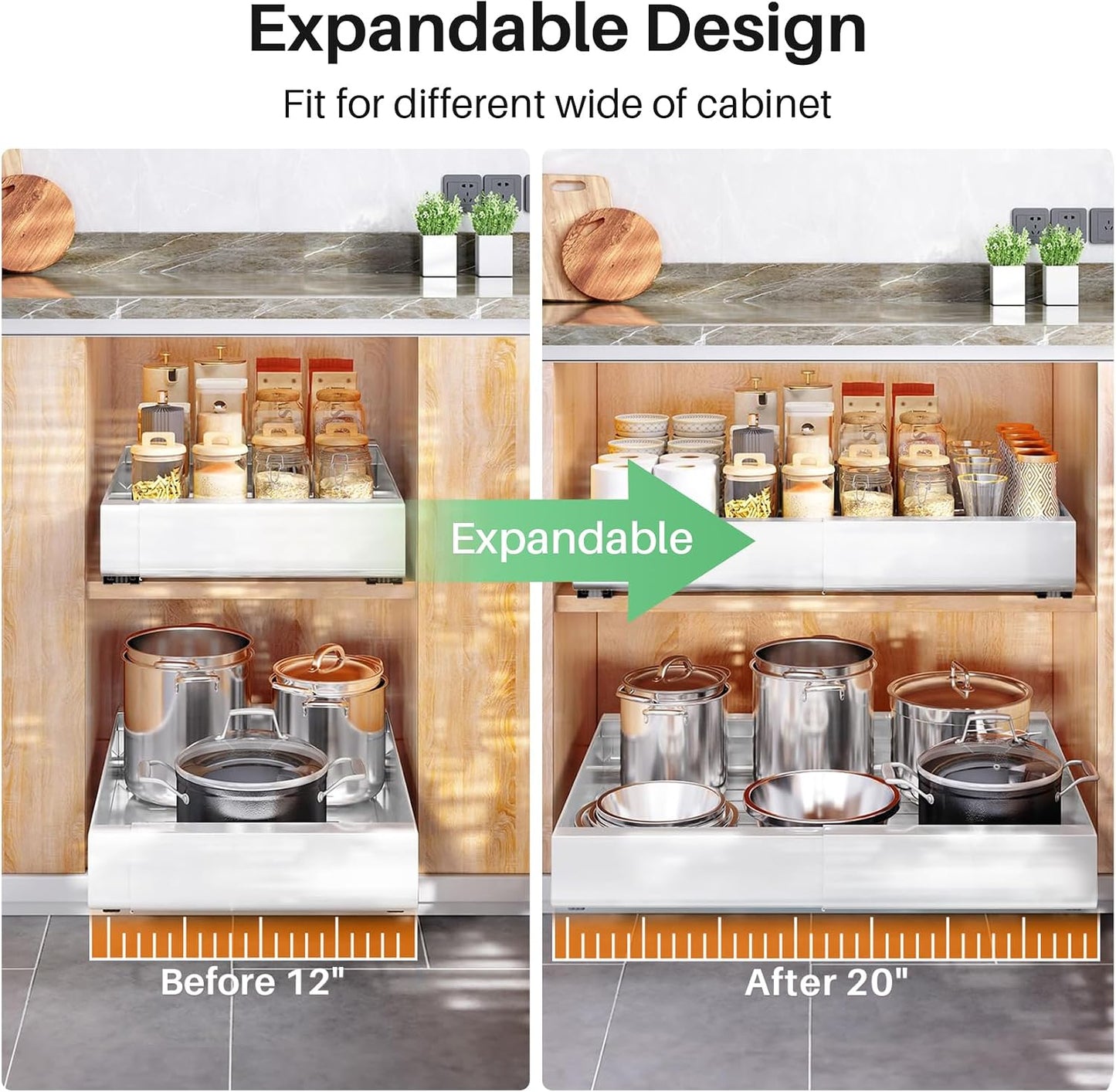 Kitstorack Pull out Cabinet Organizer, Expandable(12"-20") Heavy Duty Slide out Drawers Fixed with Adhesive Nano Film for Pots, Roll out Shelf Storage for Kitchen Base Cabinet Organization(White)