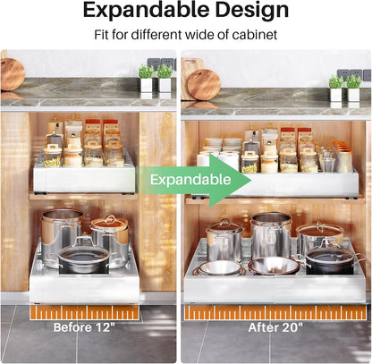 Kitstorack Pull out Cabinet Organizer, Expandable(12"-20") Heavy Duty Slide out Drawers Fixed with Adhesive Nano Film for Pots, Roll out Shelf Storage for Kitchen Base Cabinet Organization(White)