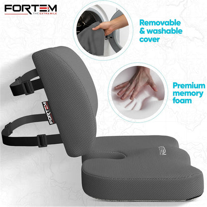 FORTEM Seat Cushion, Office Chair Cushion, Lumbar Support Pillow for Office Chair, Memory Foam Car Seat Cushions, Sciatica Coccyx Tailbone Pain Relief, Cushions for Back Support, Washable, Non Slip