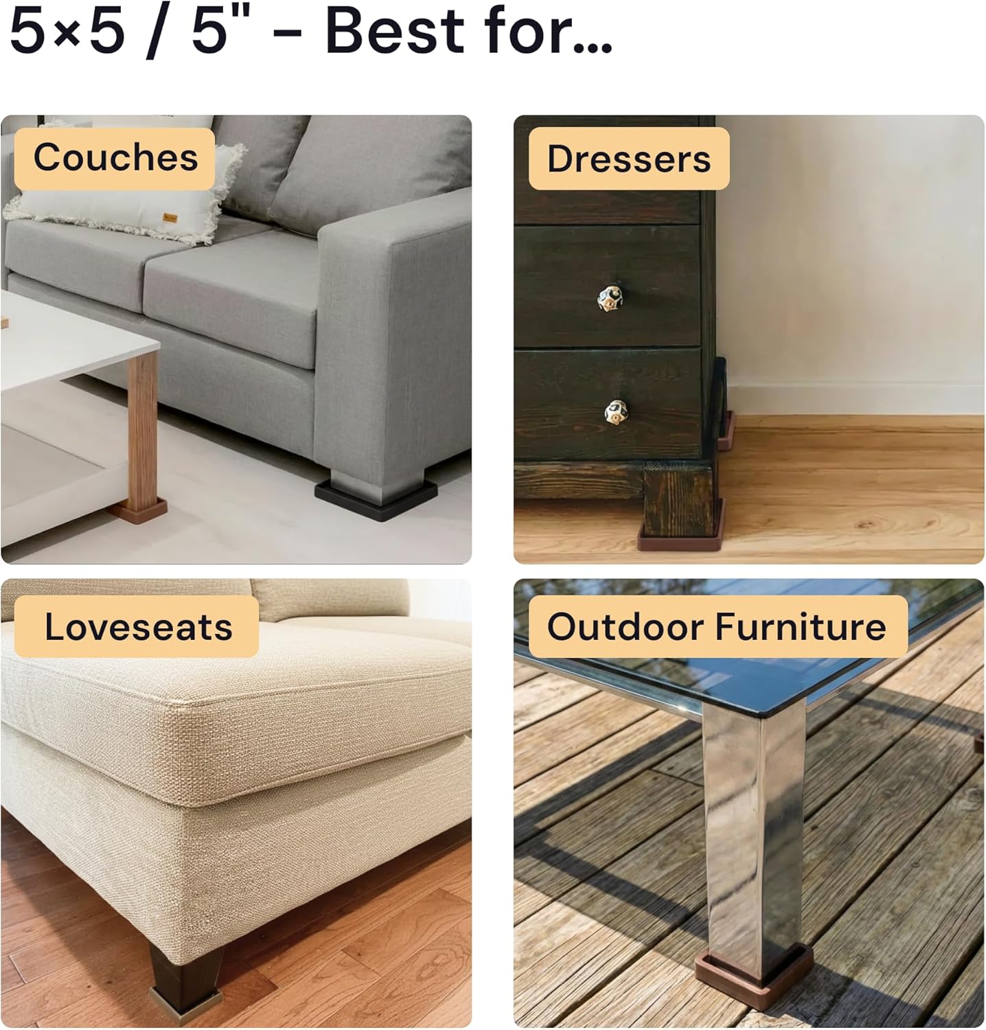 Non-Slip Furniture Pads - 4x4 in Brown, 4 Pack | Square rubber caster cups - anti-skid - Use for heavy sofas, beds & chairs on hardwood floors
