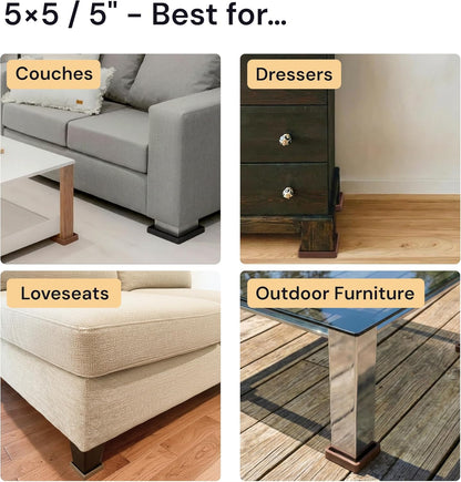 Non-Slip Furniture Pads - 4x4 in Brown, 4 Pack | Square rubber caster cups - anti-skid - Use for heavy sofas, beds & chairs on hardwood floors