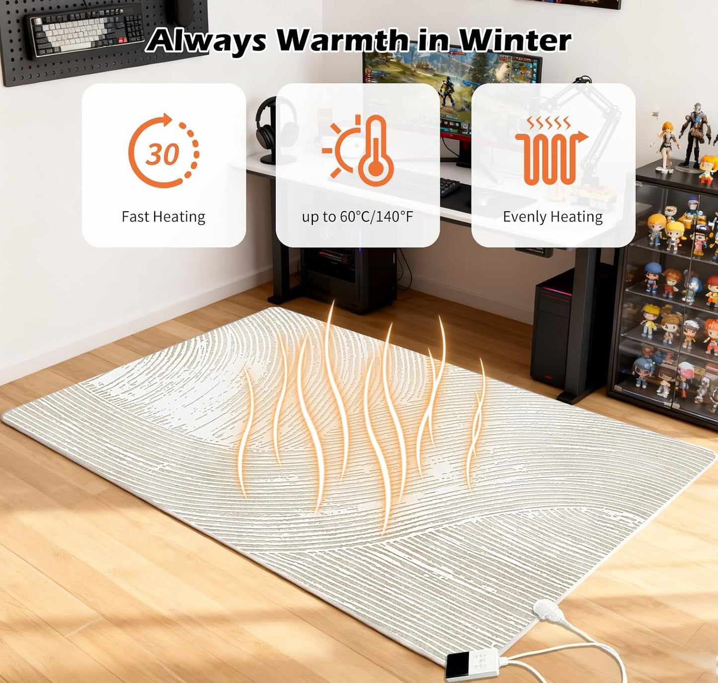 Electric Heated Carpet 35x55in Soft Plush Heating Rug 450W CX | Instant Warmth in 30s, 60 Heat Levels 12h Timer, Energy Efficient Safety Protection Ideal for Home Office Playroom 120V