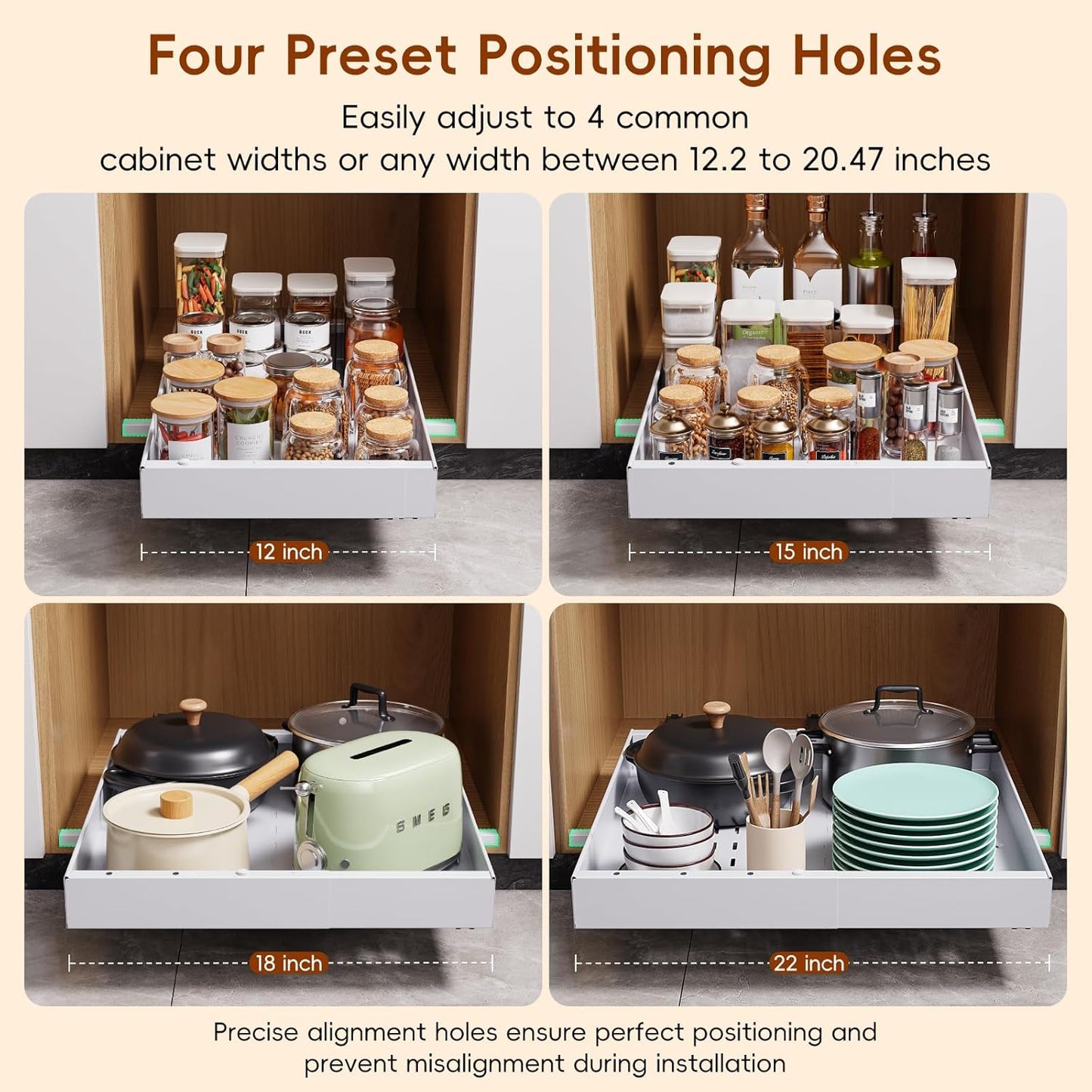 Pull Out Cabinet Organizer, 21"Deep Slide Out Drawers for Kitchen Cabinets | Adjustable Width 12.05"-20.4", For Framed/Frameless cabinets, No Drill Adhesive, 3‑Rail Smooth Glide, Height-Raising Pads