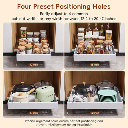 Pull Out Cabinet Organizer, 21"Deep Slide Out Drawers for Kitchen Cabinets | Adjustable Width 12.05"-20.4", For Framed/Frameless cabinets, No Drill Adhesive, 3‑Rail Smooth Glide, Height-Raising Pads