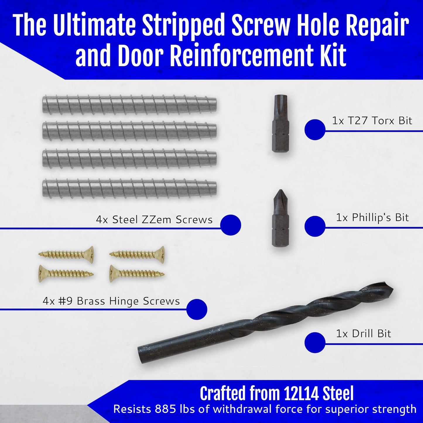4-Pack #9 x 3 Permanent Stripped Door Hinge Screw Hole Repair Kit | Reinforces hinges, strike plates and door jambs. Installs in minutes. Made in USA