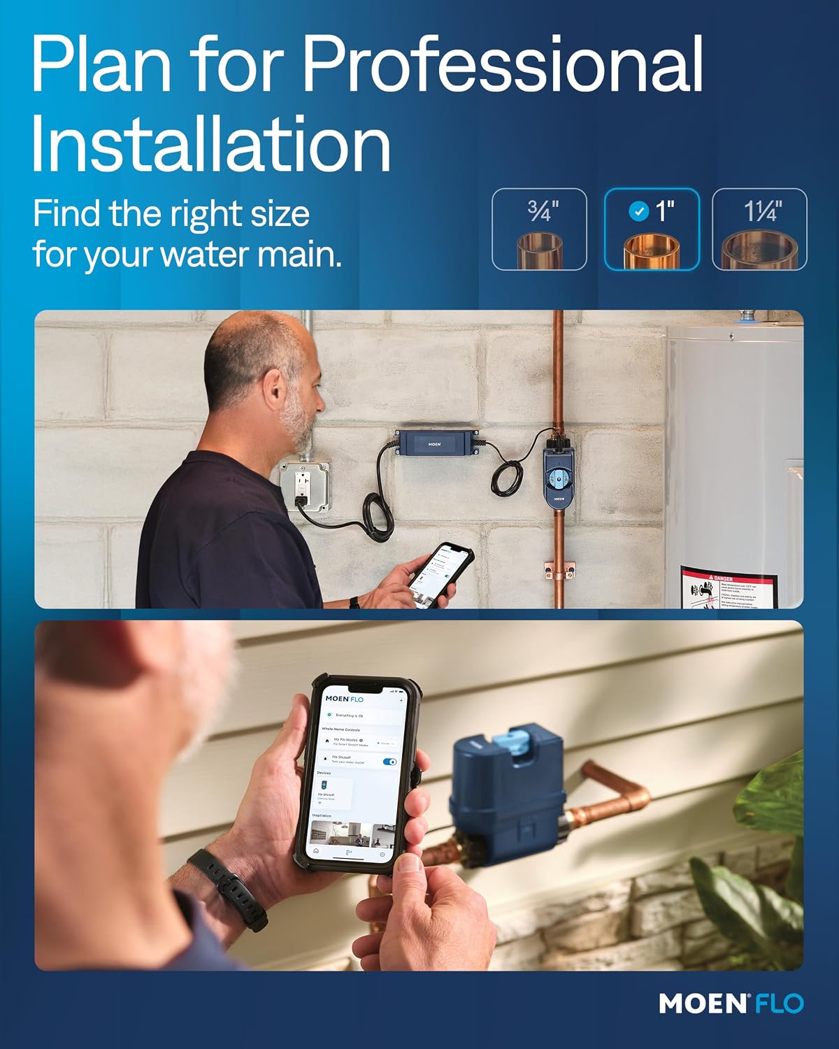 Moen Flo Shutoff, 3/4" Automatic Water Leak Detector & Shutoff, 900-001 | Automatic Shutoff, Leak Detection, MicroLeak Tests, Monitors Flow, Pressure, Moisture, and Temperature, WiFi App Control