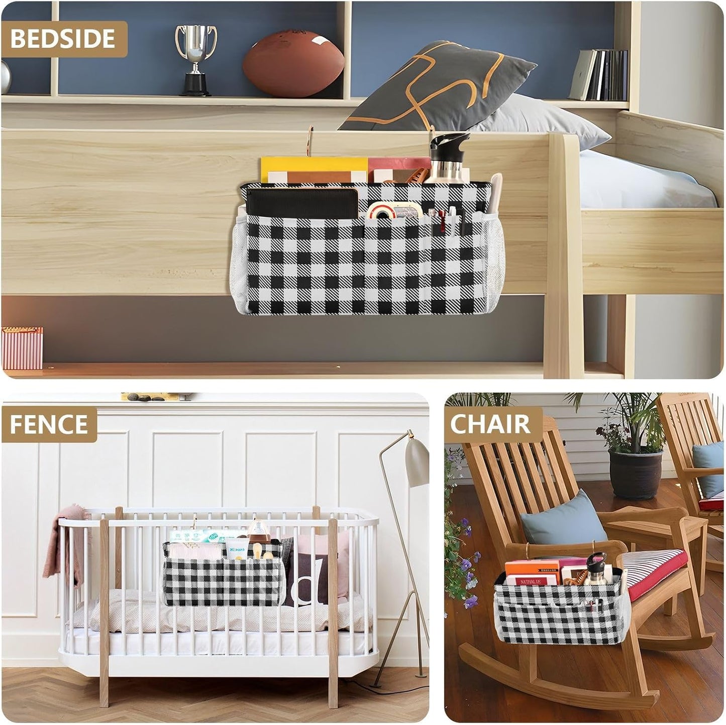 Black Bedside Caddy Storage Bag Bedside Organizer for Bed Rails College Dorm Room Organizer Caddy Hanging Shelf 6 Pockets with Hooks for Drinks Magazine Phone Holder