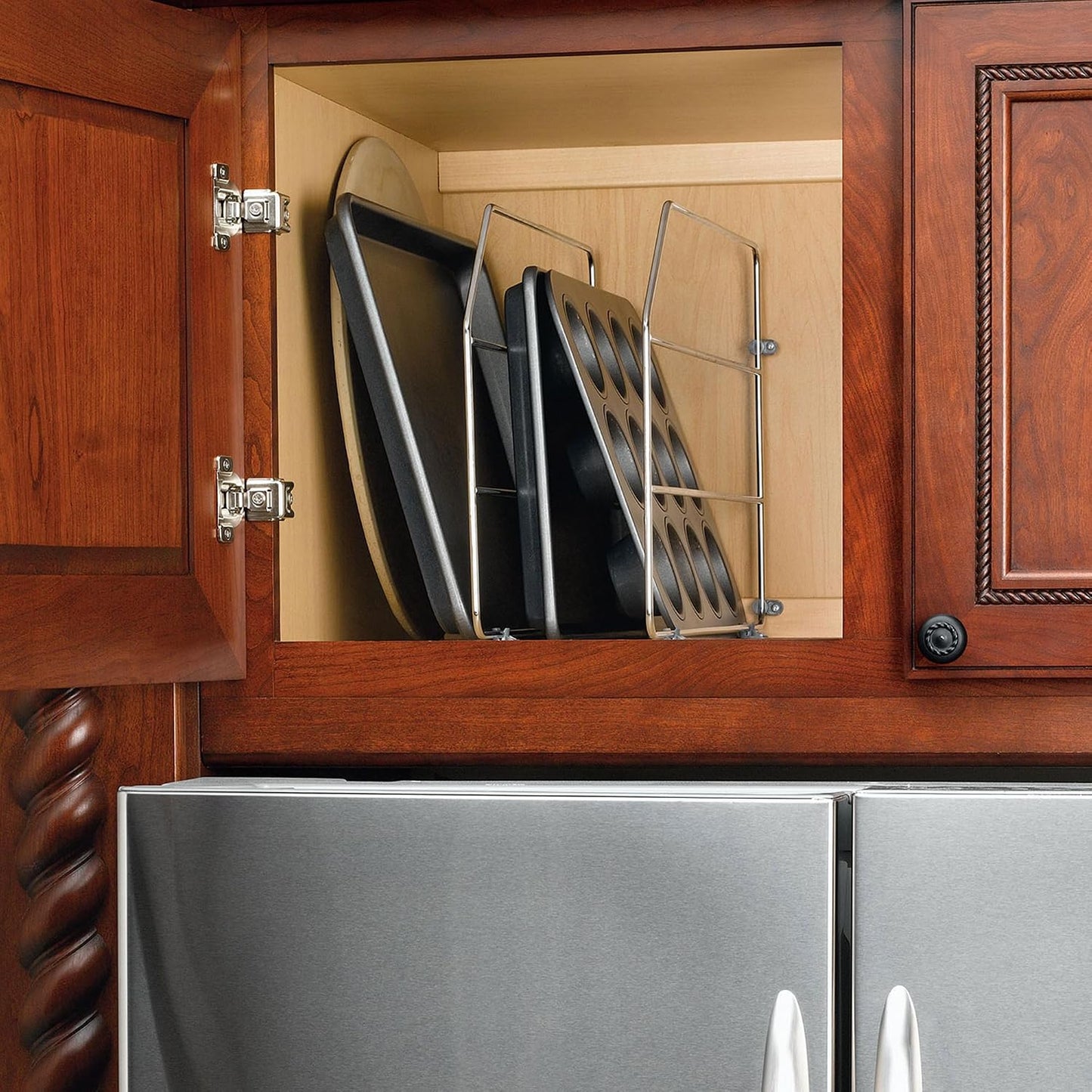 Rev-A-Shelf 12" Bakeware and Tray Divider for Wall/Base Cabinets, Chrome | Baking & Cookie Sheet Organizer, Min Opening Width of 3", 597-12CR-2-1