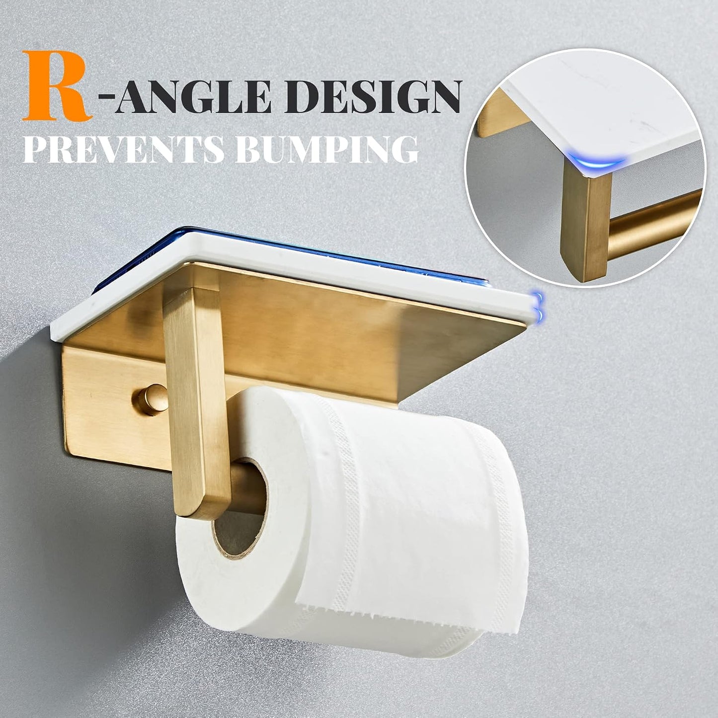 Brushed Nickel Toilet Paper Holder with Marble-Look Shelf, Wall Mounted SUS304 Stainless Steel Toilet Roll Holder with Phone Storage