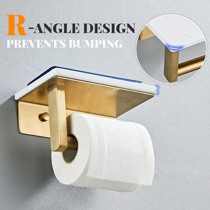 Brushed Nickel Toilet Paper Holder with Marble-Look Shelf, Wall Mounted SUS304 Stainless Steel Toilet Roll Holder with Phone Storage