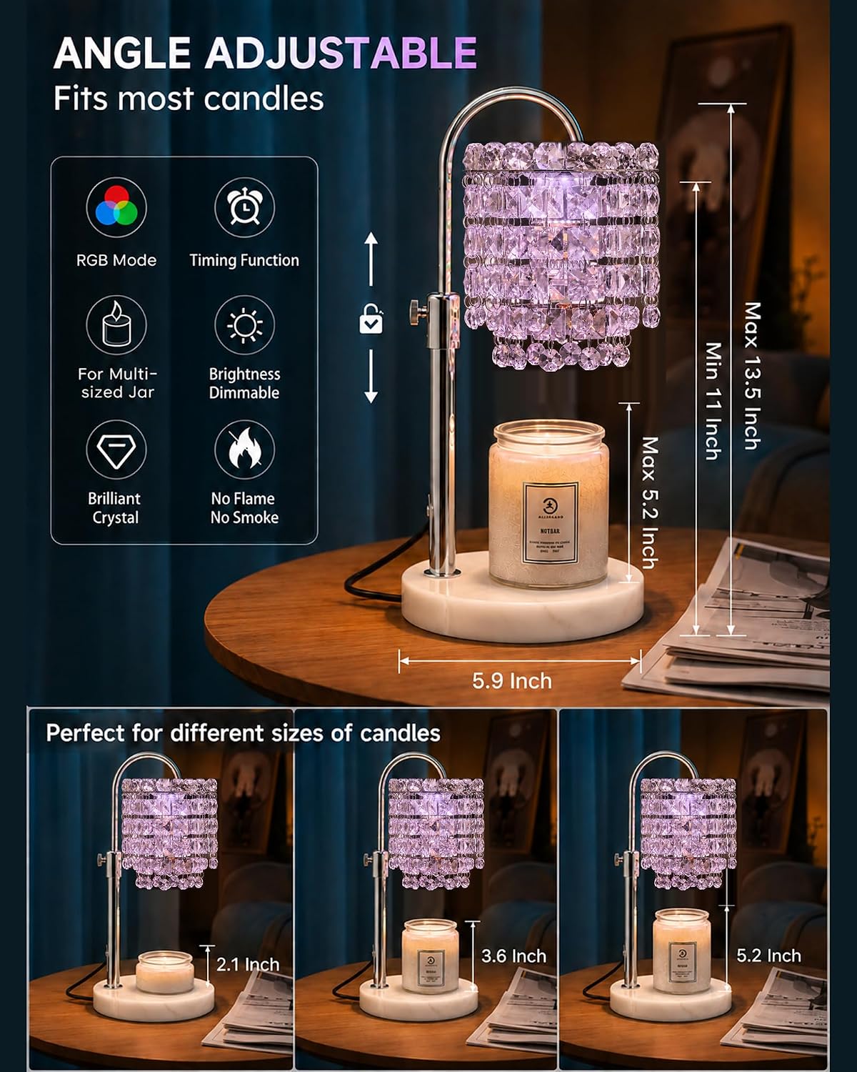 Candle Warmer Lamp with Timer Dimmer Adjustable Height Candle Warmer with Marble Base for Jar Candles,Candle Lamp with 3 Bulbs for New Home Decor, Women Mom Christmas Birthday Gifts, French Gold