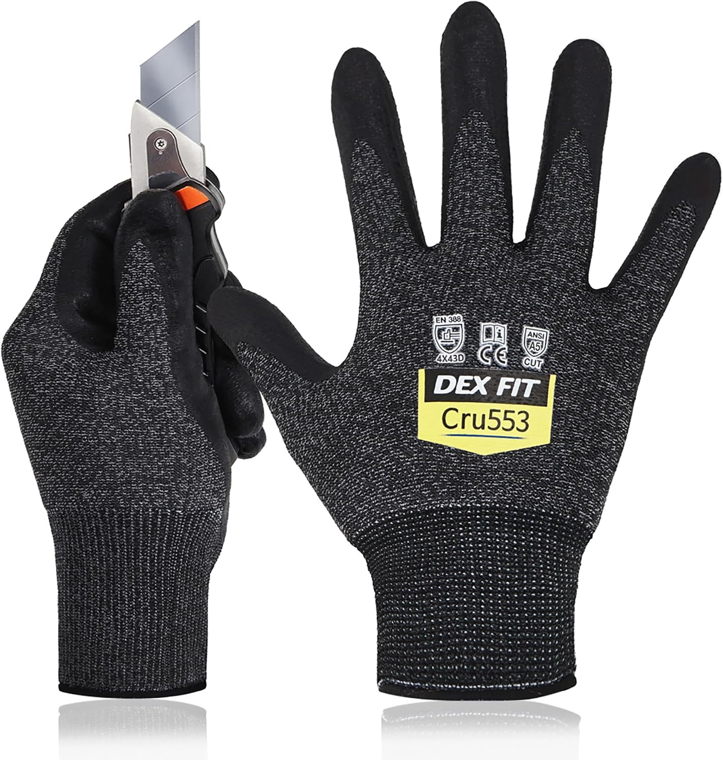 DEX FIT Level 5 Cut Resistant Gloves Cru553, 3D-Comfort Fit, Firm Grip, Thin & Lightweight, Touch-Screen Compatible, Durable, Breathable & Cool, Machine Washable; Grey L (9) 1 Pair