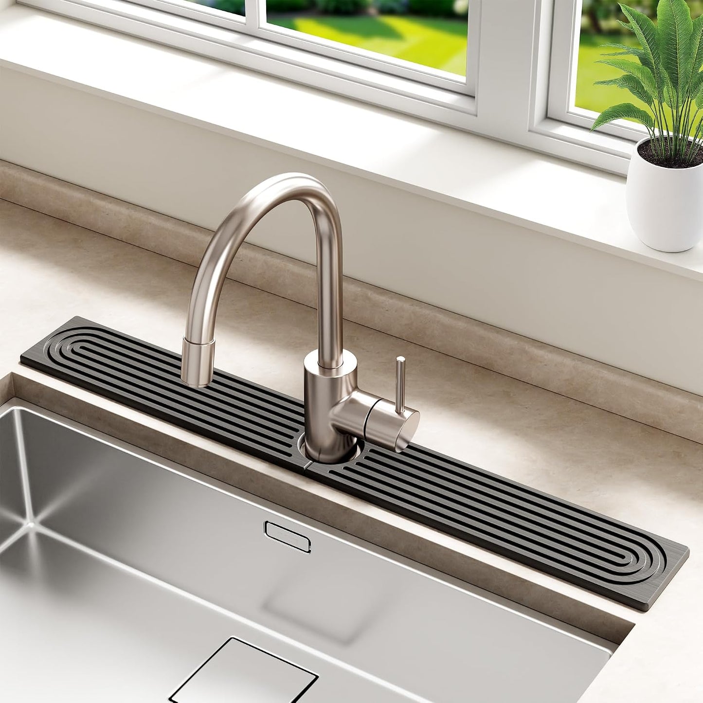Stone Faucet Mat for Kitchen Sink - Quick Dry Diatomite Sink Splash Guard, Prevents Moisture Buildup & Water Stains, Water Absorbing Stone Tray for Bathroom Countertop (Dark Gray, 23.6" x 4")