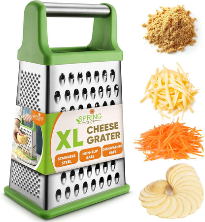 Spring Chef Stainless Steel XL Cheese Grater for Kitchen, Green | 4 Sided Manual Metal Box Grater for Carrot, Potato, Cabbage, Cheese Shredder, Professional Vegetable Grater, Dishwasher Safe