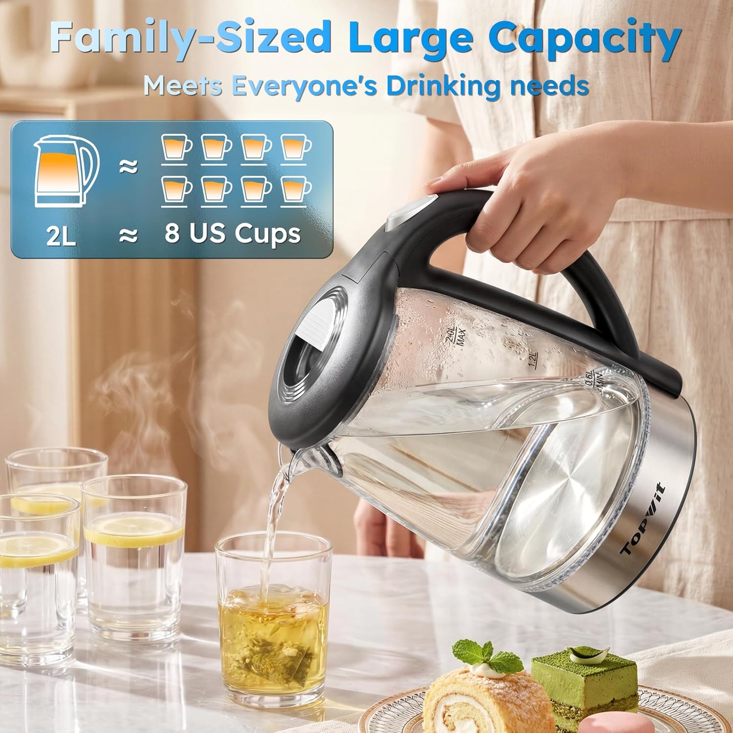 TOPWIT 2.0L Glass Electric Kettle, Hot Water Boiler, BPA-Free | Stainless Steel Bottom & Lid, Fast Boil, Auto Shut-Off & Boil-Dry Protection, No Plastic Odor | for Tea, Coffee, Home, Office