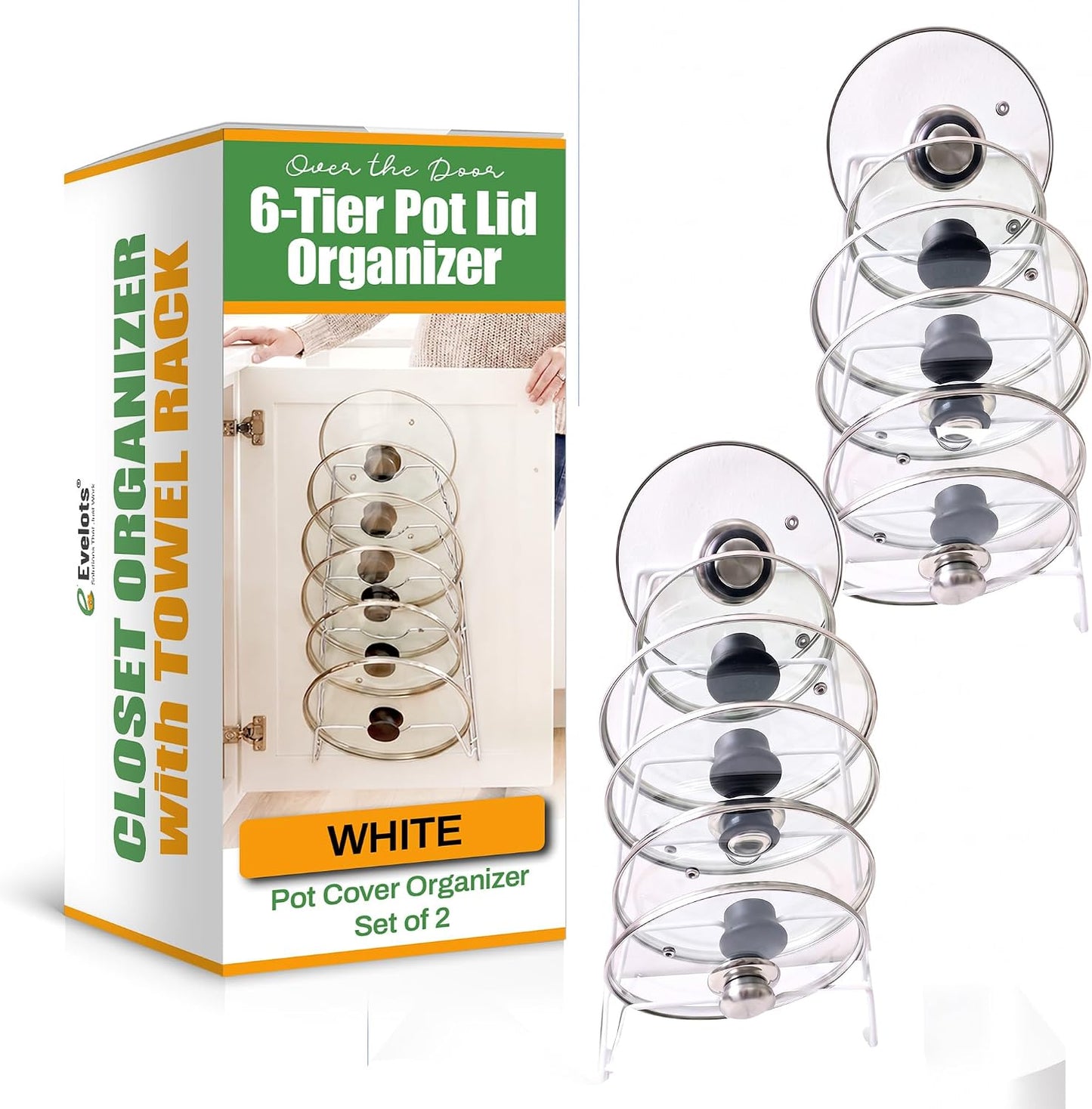 Evelots 6 Pot Lid Organizer for Cabinet Door or Pantry Wall - Closet Door Pots and Pans Lids Holder - Glass or Metal Pan Covers Cabinet Organizer Kitchen Storage - White 6 Tier Lid Rack