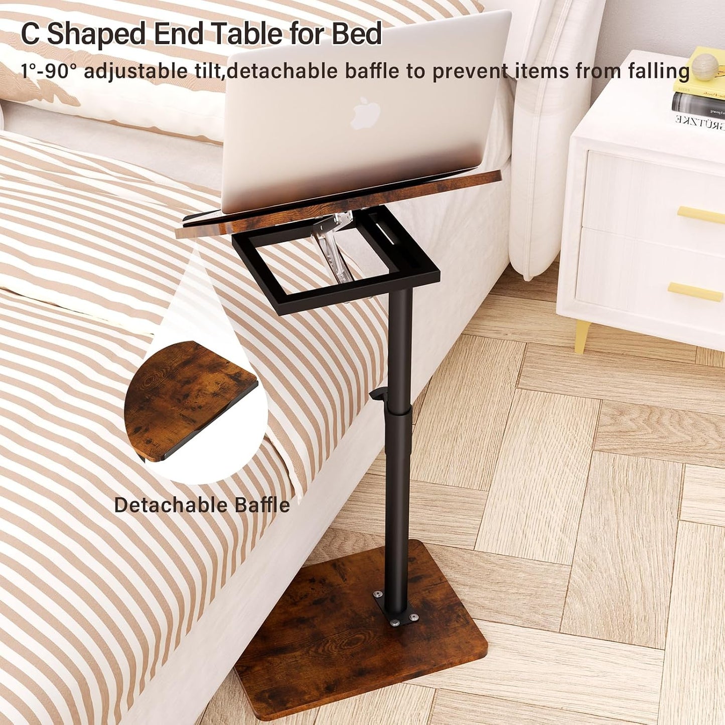 YUHFERA Sofa Armrest Tray Table for Couch - 360° Swivel Height Adjustable End for Small Spaces, Snack Side Table for Bed or Chair with Phone & Tablet Slot (Rustic,Standard)