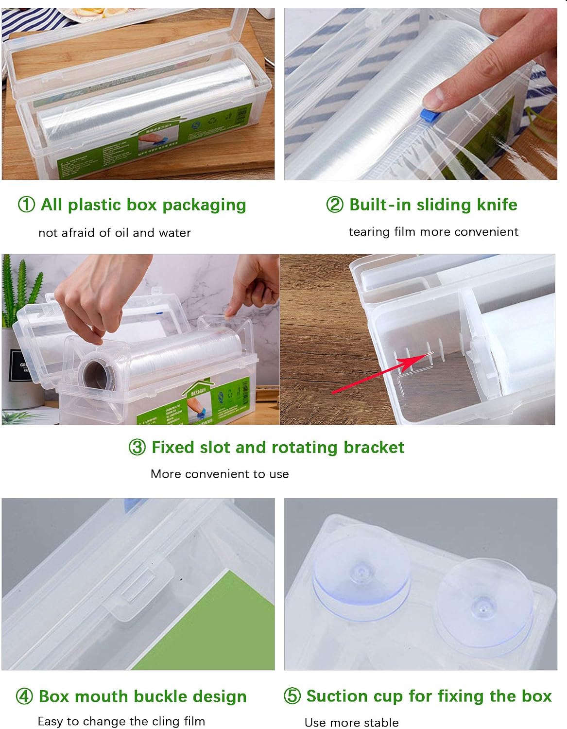 Plastic Wrap Dispenser, Slide Cutter 12‑Inch Cling Wrap Set | Refillable design fits 12‑inch rolls. Set includes cutting box and 328 Ft clear stretch film for food storage