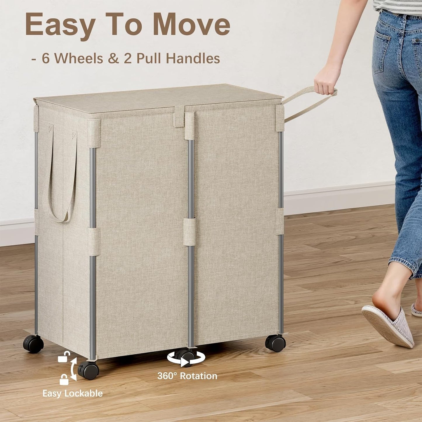 140L Double Laundry Hamper with Lid and 6 Wheels, Rolling Laundry Basket | Gasvadivum Metal Frame Laundry Sorter 2 Section with 2 Removable Bags, Large Clothes Cart for Bedroom, Bathroom, Black