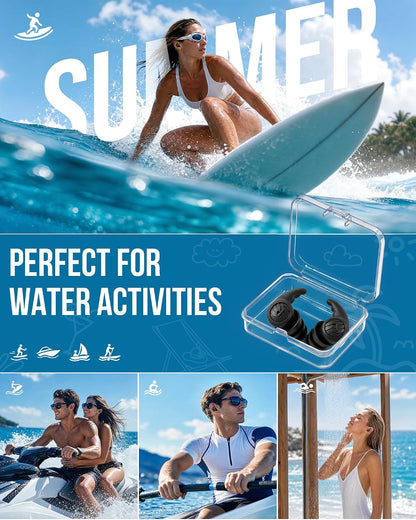 Swimming Ear Plugs, Swim Earplugs 3 Pairs for Swimmer Surfing Water Sports | Waterproof Protection, Soft Silicone Comfort, Wave-Shaped Fin, Noise-Reducing Design for Teens & Adults
