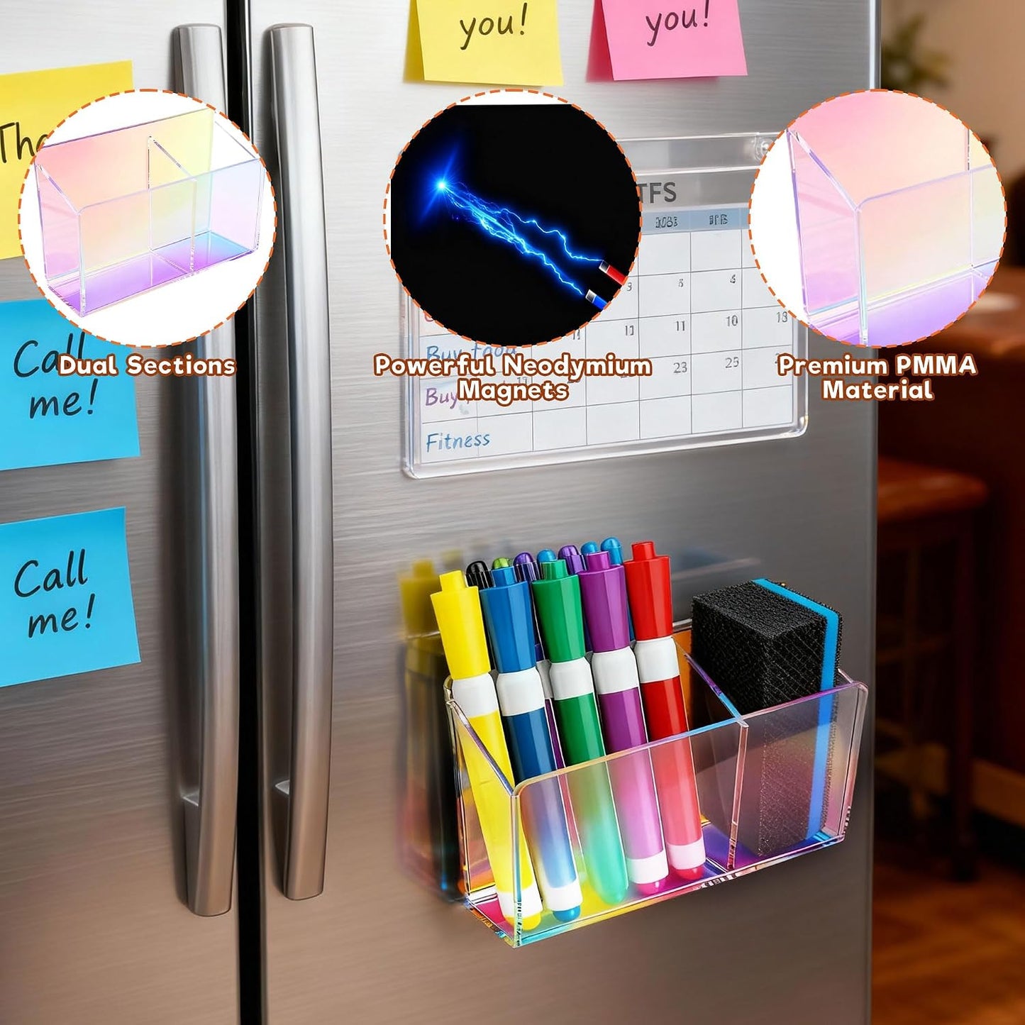 Magnetic Dry Erase Marker Holder - Non-Slip Acrylic Pen Organizer with Powerful Magnets for Whiteboard, Refrigerator, Office Desk, Classroom Supplies & Home Organization-Clear