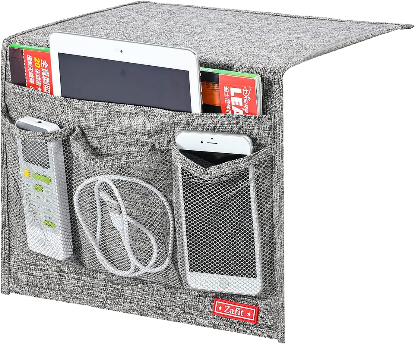 Zafit Linen 4 Pockets Bedside Caddy, Bedside Storage Organizer for Magazine, Remotes, Phone (Beige, Classic 4 Pockets)