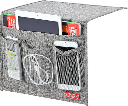 Zafit Linen 4 Pockets Bedside Caddy, Bedside Storage Organizer for Magazine, Remotes, Phone (Beige, Classic 4 Pockets)