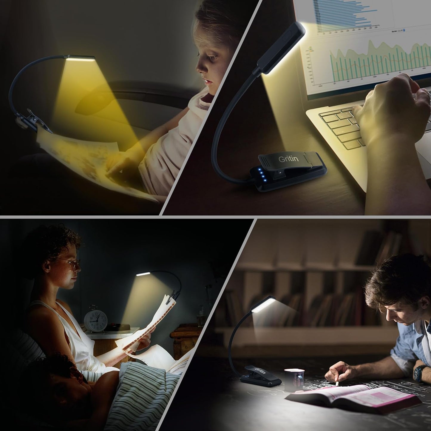 Gritin 9 LED Rechargeable Book Light for Reading in Bed | Eye Caring 3 Color Temps,Stepless Dimming Brightness,80 Hrs Runtime Small Lightweight Clip On Book Reading Light for Studying