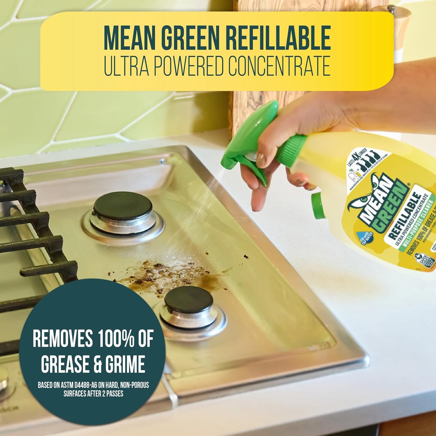 Mean Green Refillable Ultra Powered Multi-Purpose Cleaner Concentrate, Citrus & Green Tea, 14.3 fl oz – Plant & Mineral Based, Cuts Through Grease & Grime, Refillable Bottle Makes 4X Refills