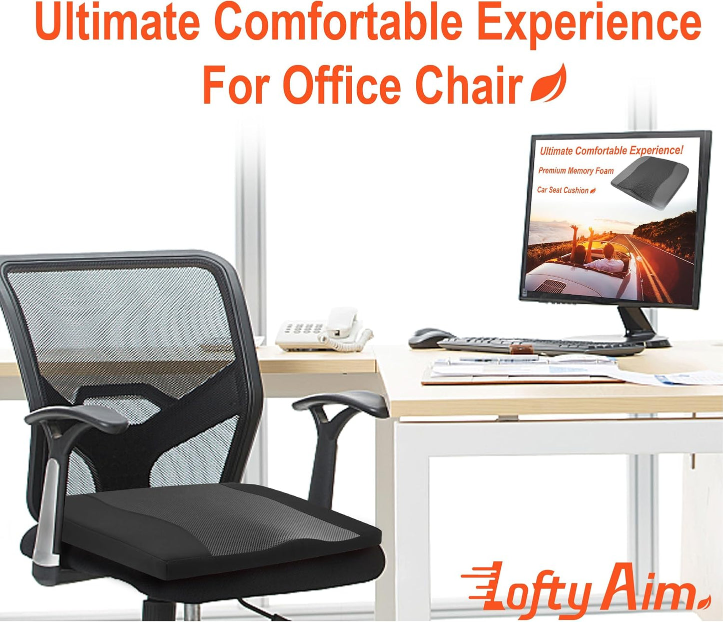 Lofty Aim Car Seat Cushion, Memory Foam Car Seat Cushions for Long Driving | Comfy Car Seat Pillow for Pain Relief, Driver Seat Cushion Adds Height, Butt Cushion for Car, Truck, Office Chair, Black