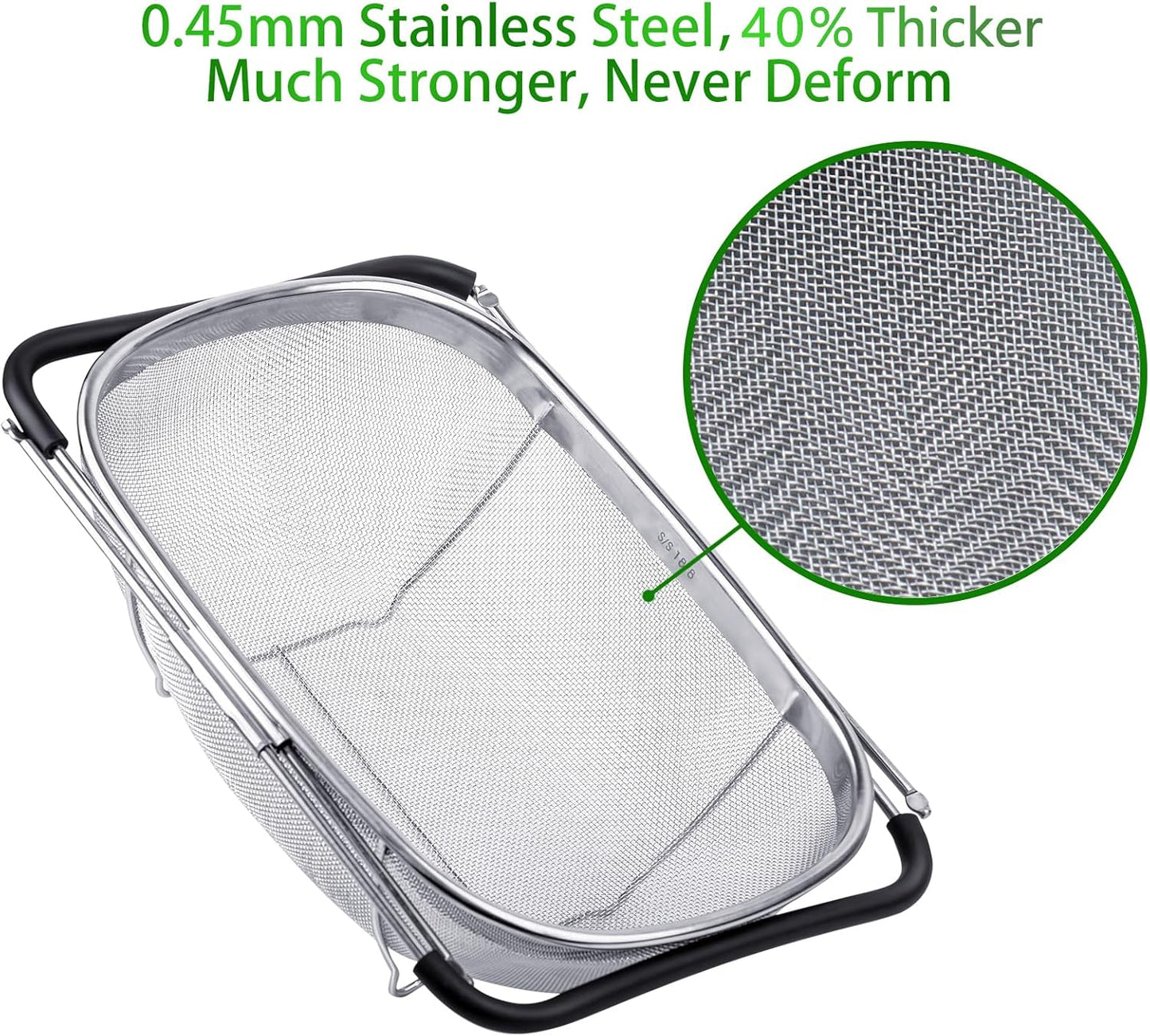 Tiawudi 6-Quart Large Over The Sink Colander, Heavy Duty 40% Thicker 18/8 Stainless Steel Fine Mesh Strainer Basket with Expandable Rubber Grip Handles - Strain, Drain, Rinse Fruits, Vegetables