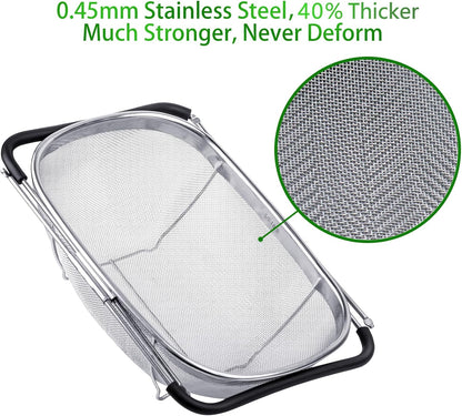 Tiawudi 6-Quart Large Over The Sink Colander, Heavy Duty 40% Thicker 18/8 Stainless Steel Fine Mesh Strainer Basket with Expandable Rubber Grip Handles - Strain, Drain, Rinse Fruits, Vegetables