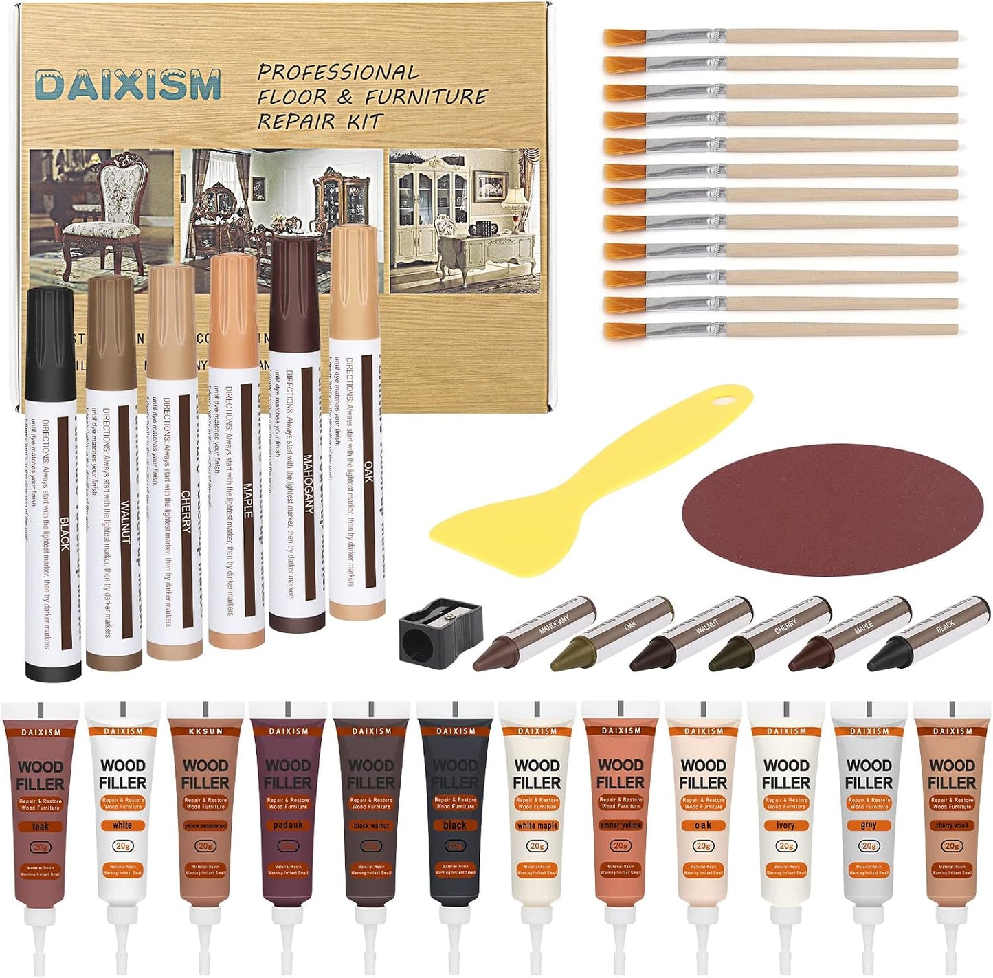 DAIXISM Furniture Markers Touch Up,Wood Filler Floor Scratch Repair Kits,Set of 21-Markers and Wax Sticks with Sharpener Kit for Funiture Repair,Floor Scratch.
