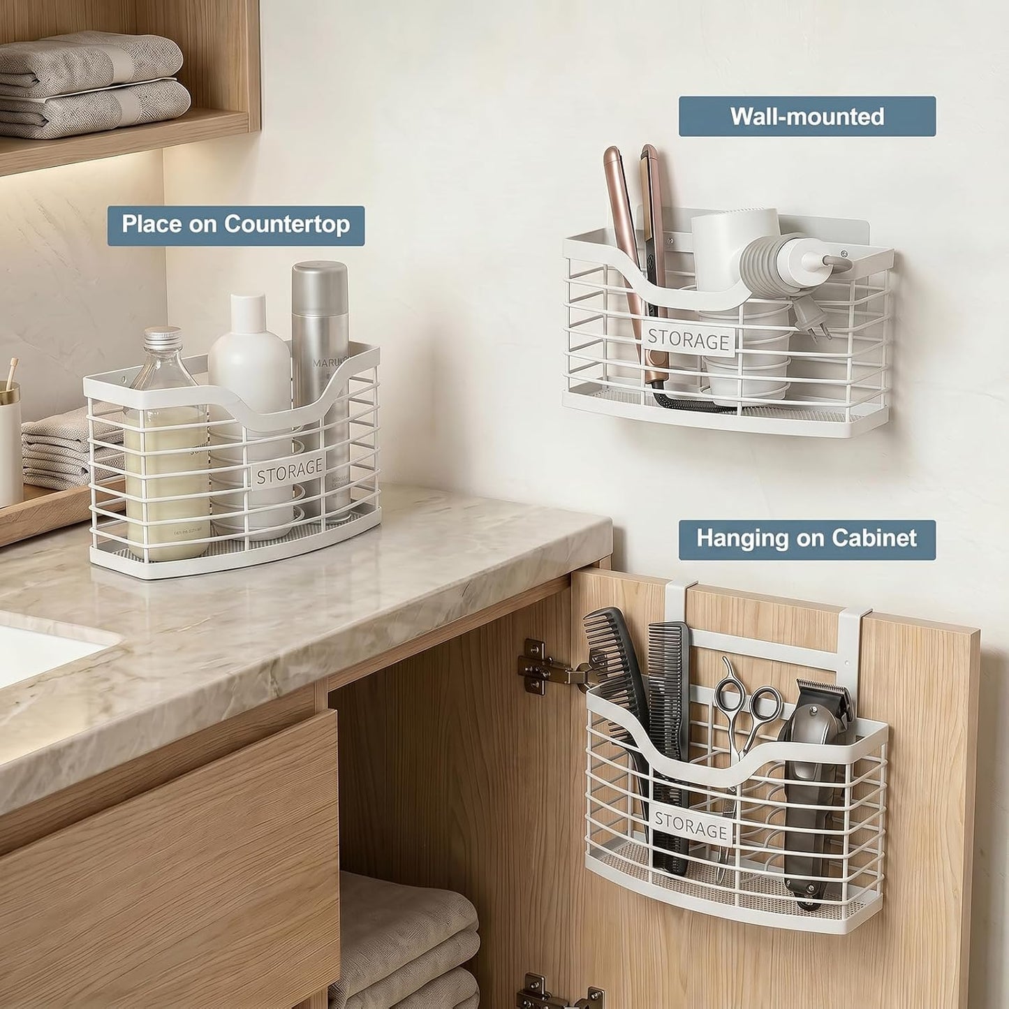 Hair Tool Organizer, Hair Dryer Holder for Bathroom Vanity Counter Cabinet | Dresser Blow Dryer Holder, No Drilling Wall Mount Storage Basket for Blow Dryers, Shaver, Comb, Curling Iron, Straightener