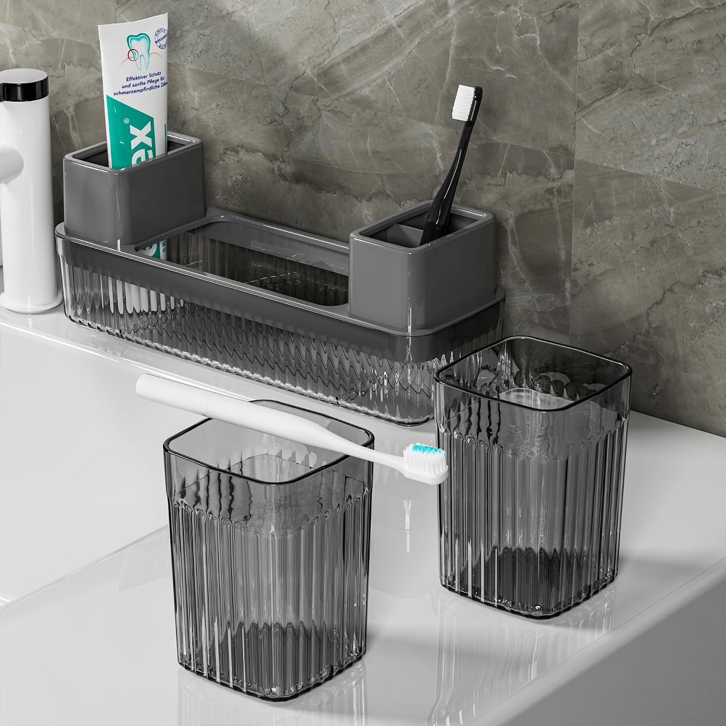 Toothbrush Holder for Bathrooms, 2 Cups Toothbrush Organizer for Bathroom Countertop, Toothbrush Holder Toothbrush Storage for Shower, Tooth Brushing Holder Cup Tray and Toothpaste Caddy Black