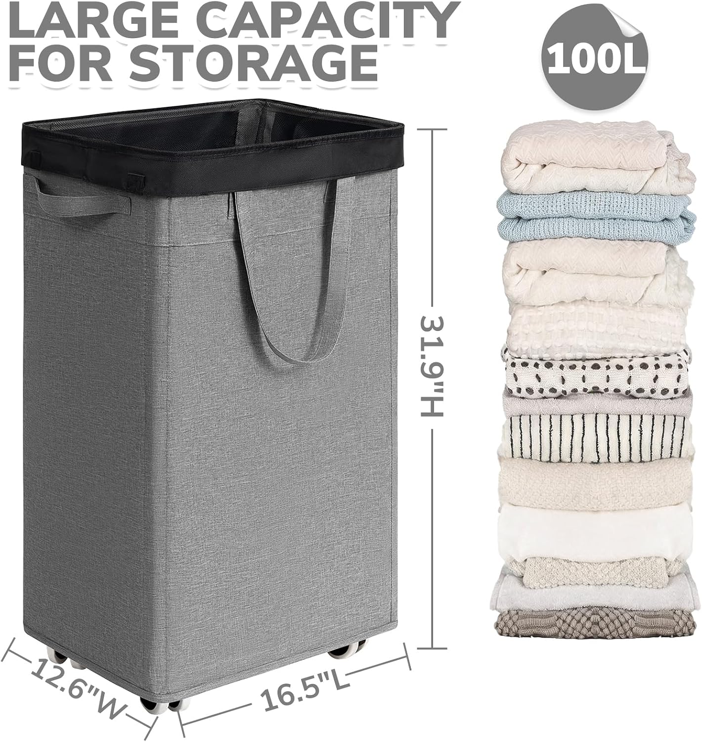 CHICVITA 75L Large Rolling Laundry Basket with Wheels & Wash Bag, Grey | Collapsible design saves space for corner dorms. Removable wash bag for easy laundry transport