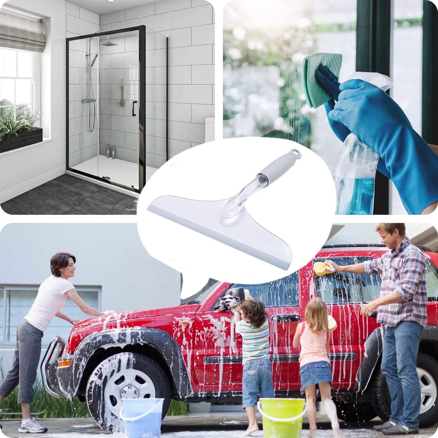 Shower Squeegee for Bathroom Glass Doors and Mirror, 10'' Rubber Window Cleaner Tool, Clear Plastic Water Wiper for Car Windshield Cleaning