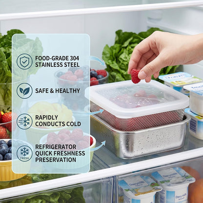 Square Strainer, 3PCS/Set Fruit Storage Containers For Fridge, 304 Stainless Steel Square Strainer With Lid, Lettuce Keeper & Dish, 1500ml, Fruit Storage Containers For Fridge