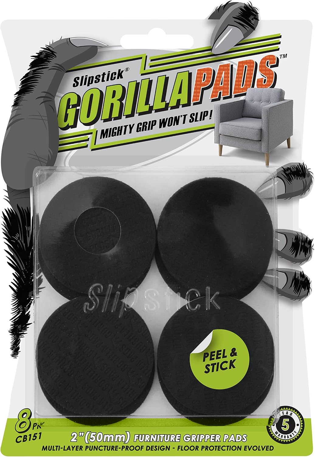 Slipstick GorillaPads CB147 Non Slip Furniture Pads/Gripper Feet (Set of 16) Self Adhesive Rubber Floor Protectors, 1 inch Round, Black