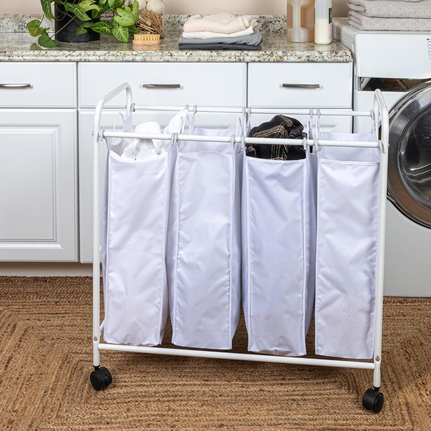 Household Essentials 7173 Rolling Quad Laundry Sorter with Removable Hamper Bags | Antique Bronze Frame