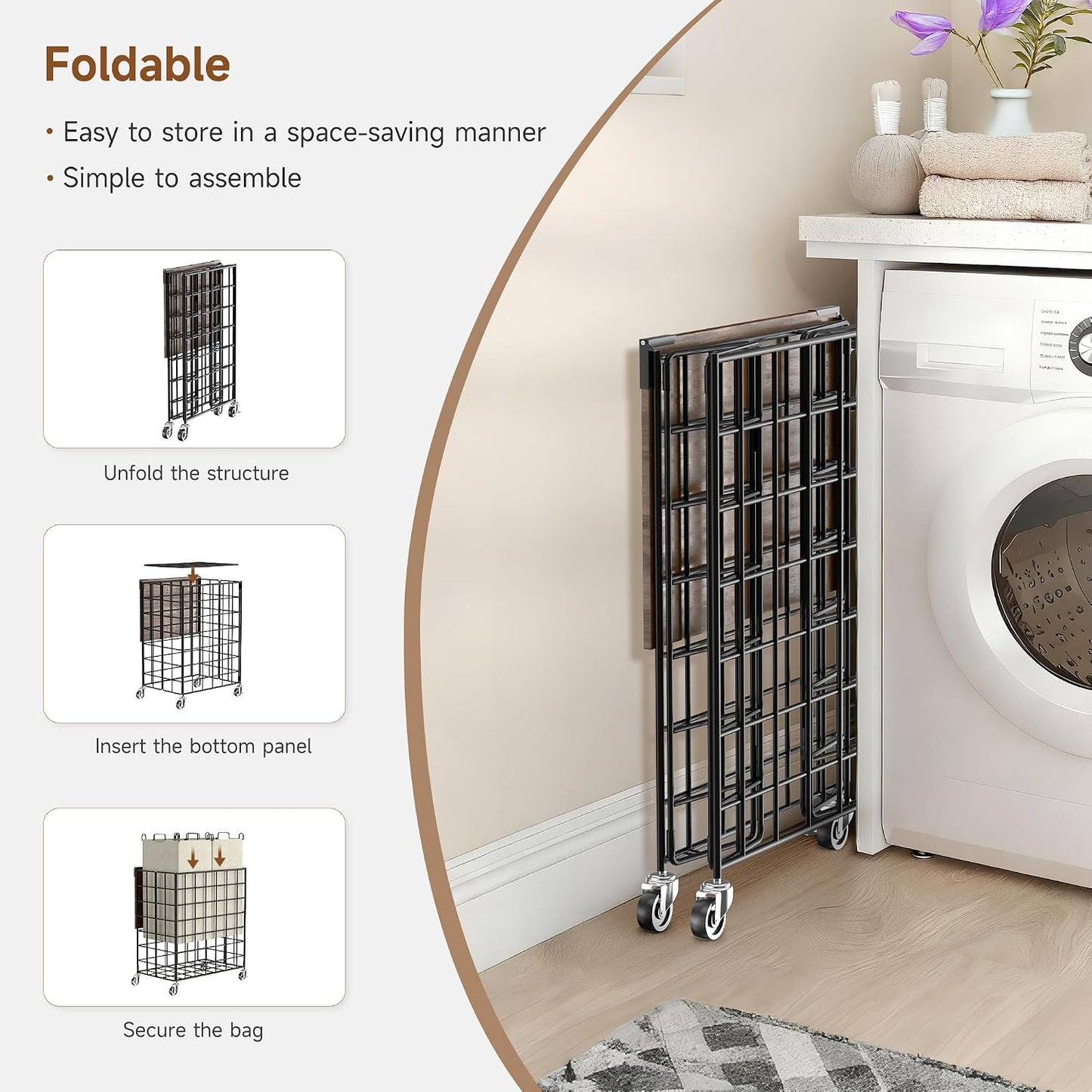 90L Laundry Basket with Wheels, Large Capacity Laundry Hamper with Removable Liner Bags, Heavy Duty Laundry Sorter with Solid Wood Lid & Leather Handles, Grey
