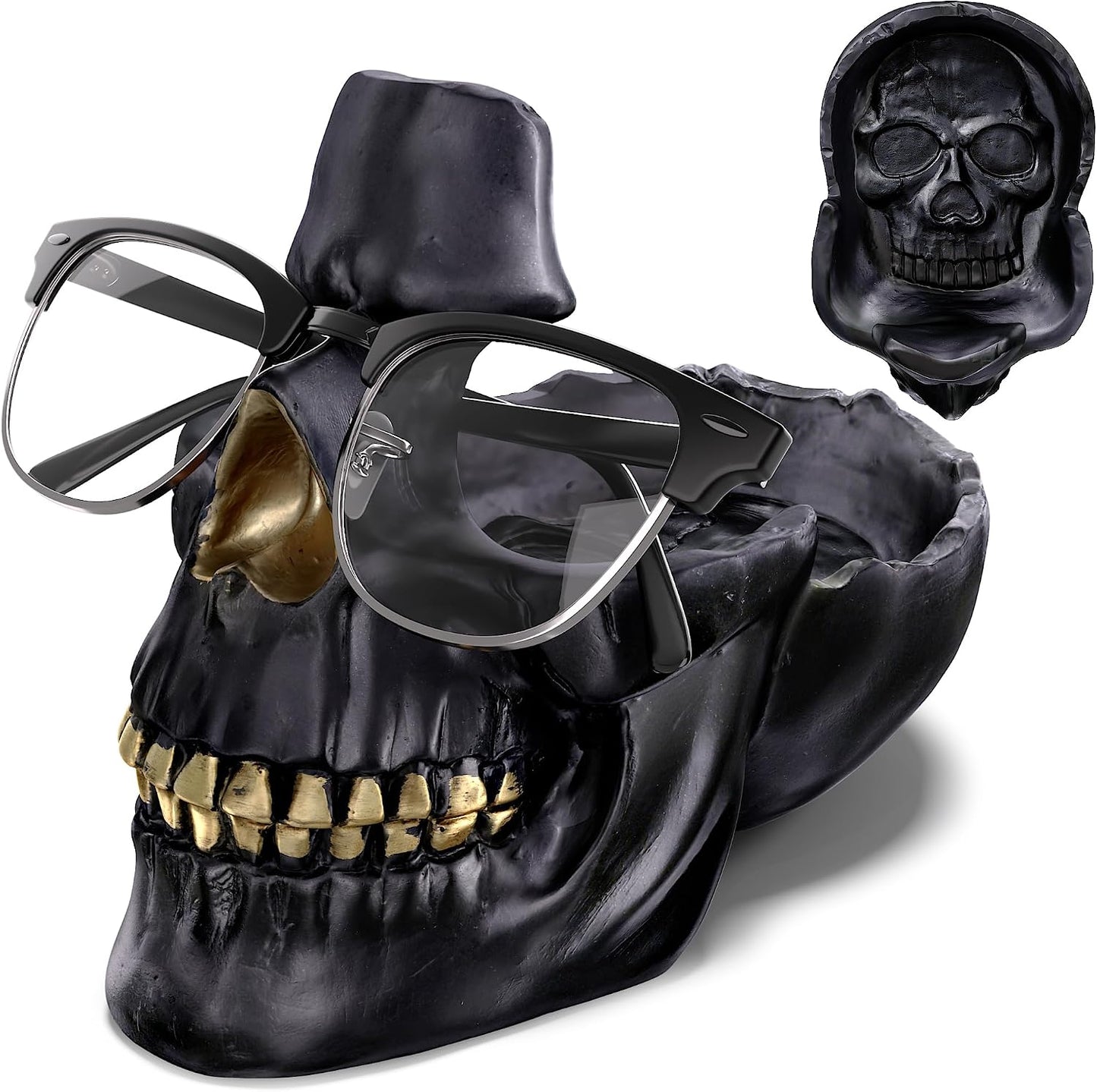 READAEER Skull Glasses Stand Holder, Creative Eyeglasses Holder, Sunglasses Spectacle Display Rack, Key Holder Resin Sculptures for Entryway, Home, Office, Desk, Nightstand (White)