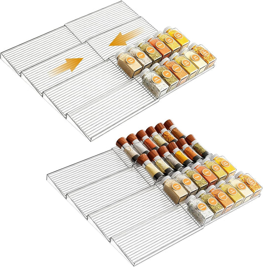 16 Pack Acrylic Drawer Seasoning Organizer, Expandable From 11''-22'' | Tiered Clear Spice Tray, Adjustable In Drawer Spice Organizer for Spices, Condiment, Nail Polish and Jar Organization